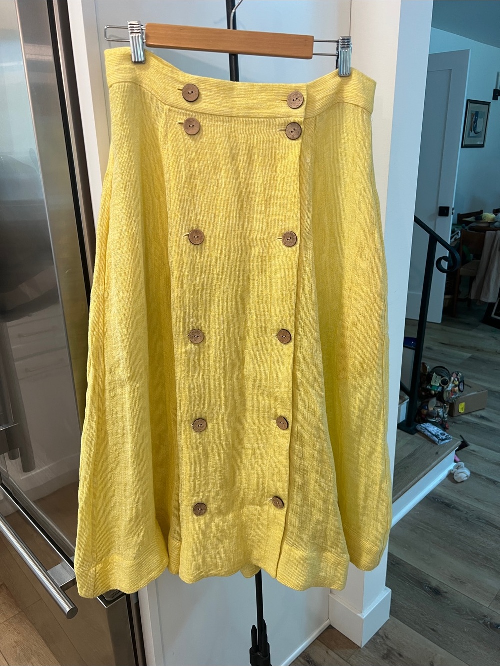 Lisa Marie Fernandez Canary Yellow Double-Breasted Midi Skirt gauze linen sz 3.